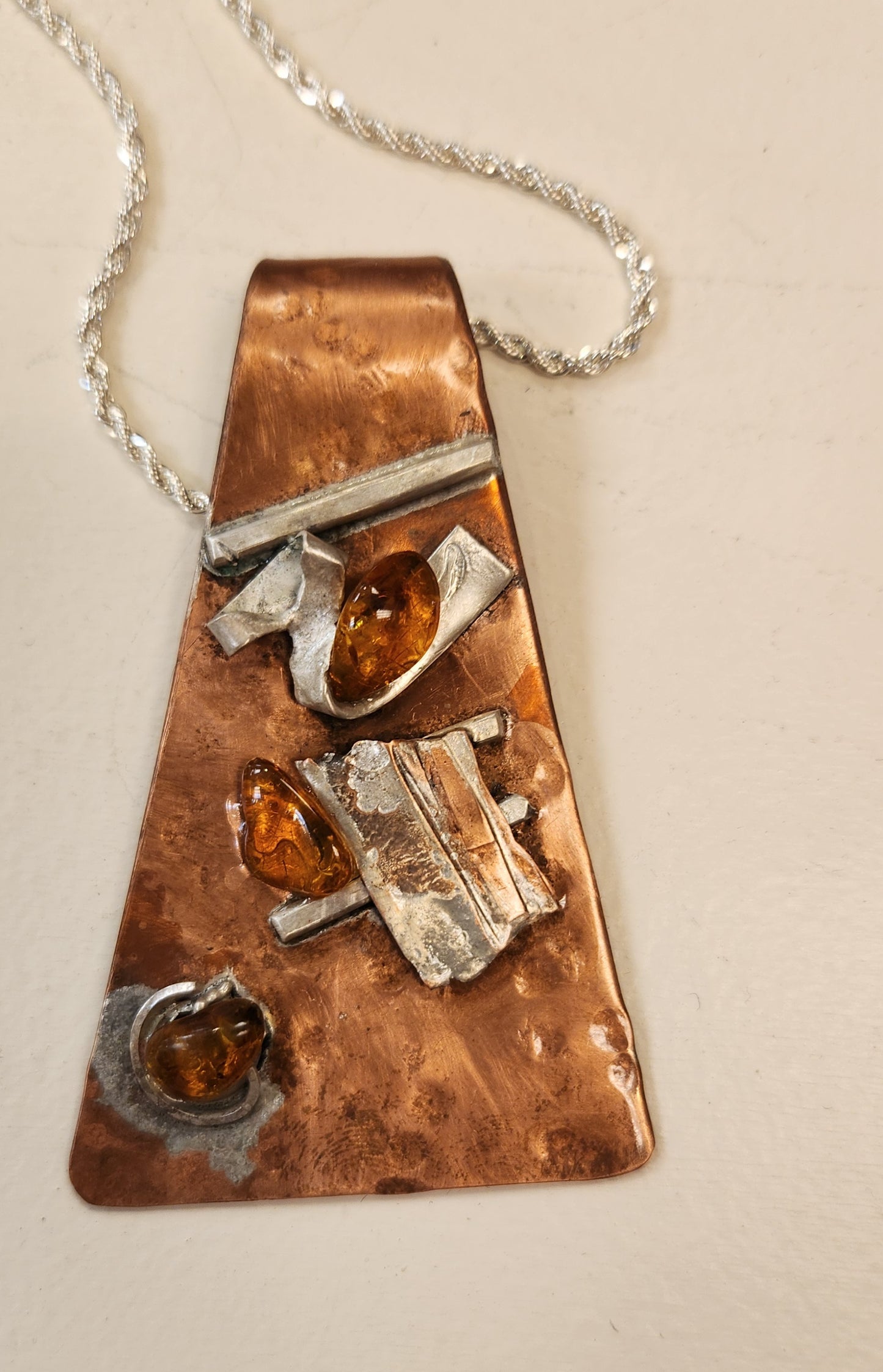"Copper, Sterling, Amber Pendant" by Pam Goff-Jewelry