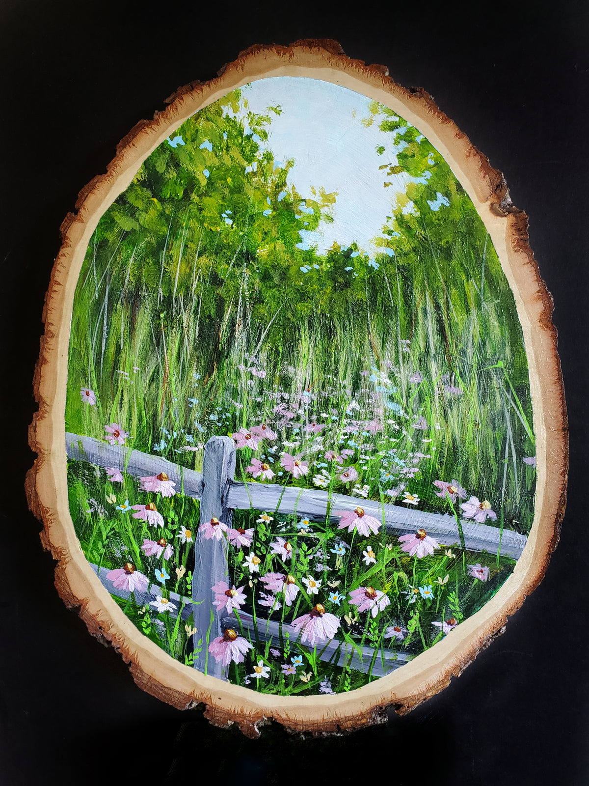 "Purple Flowers w/Fence wood Slab WITH STAND" by Selena Doolittle McColley - Acrylic