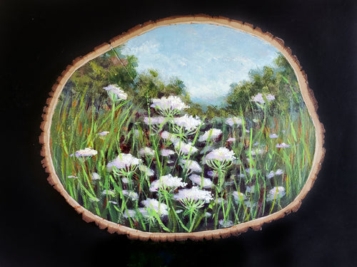 "Queen Anne's Lace Wood Slab" WITH STAND by Selena Doolittle McColley - Acrylic