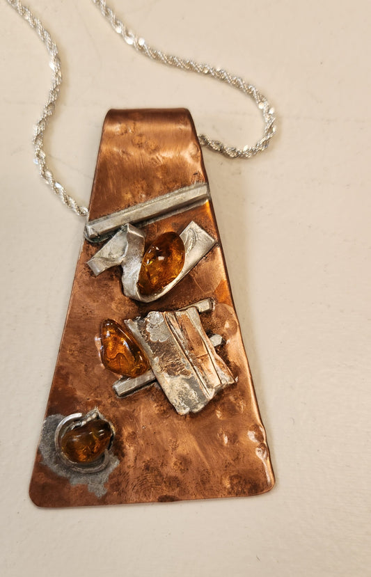 "Copper, Sterling, Amber Pendant" by Pam Goff-Jewelry