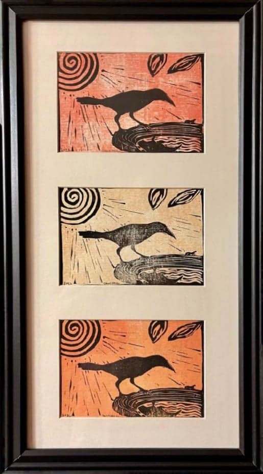 "tres mirlo de linda" by David Hall - Original Block Print